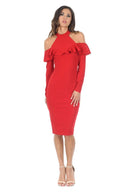 Red High Neck Cold Shoulder Long Sleeved Midi Dress