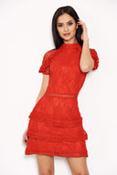 Red High Neck Lace Layer Frill Mini Dress