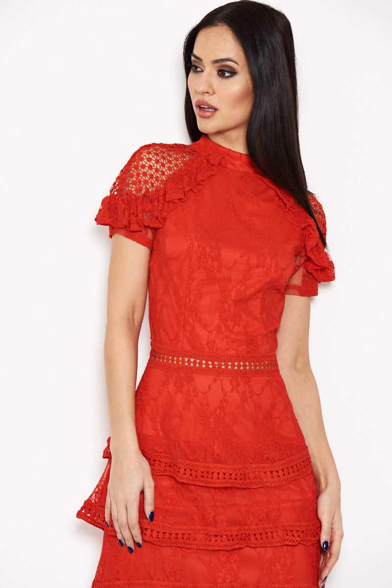 Red High Neck Lace Layer Frill Mini Dress