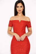 Red Lace Notch Front Detail Midi Dress