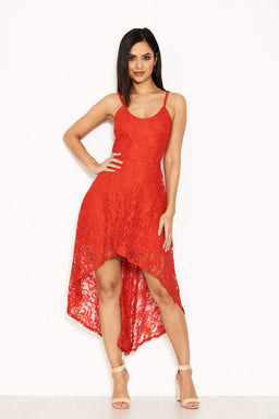 Red Lace Strappy Waterfall Front Dress