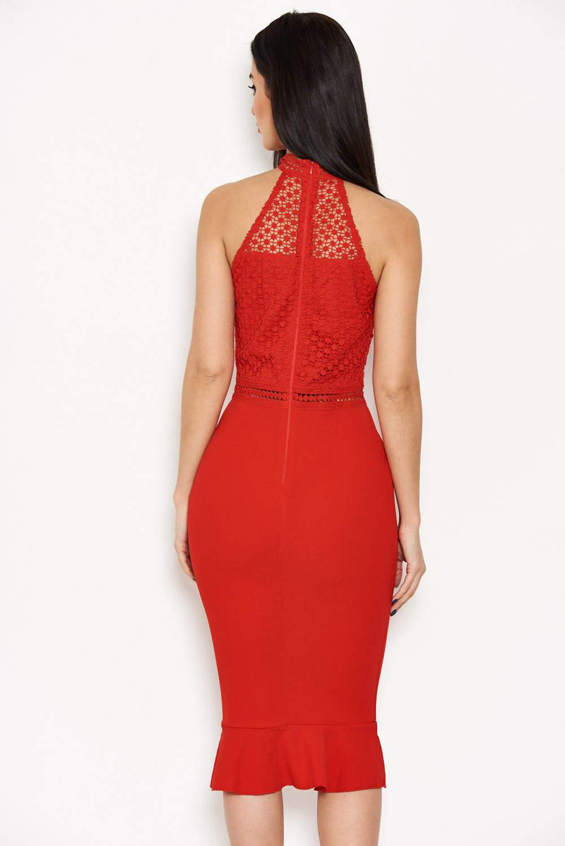 Red Midi Dress With Crochet Detail