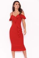 Red Midi Dress With Frill Detail