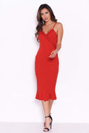Red Midi Dress With Frill Hem And Floral Crochet Detail