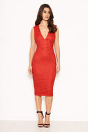Red Midi Dress With Lace Contrast Front