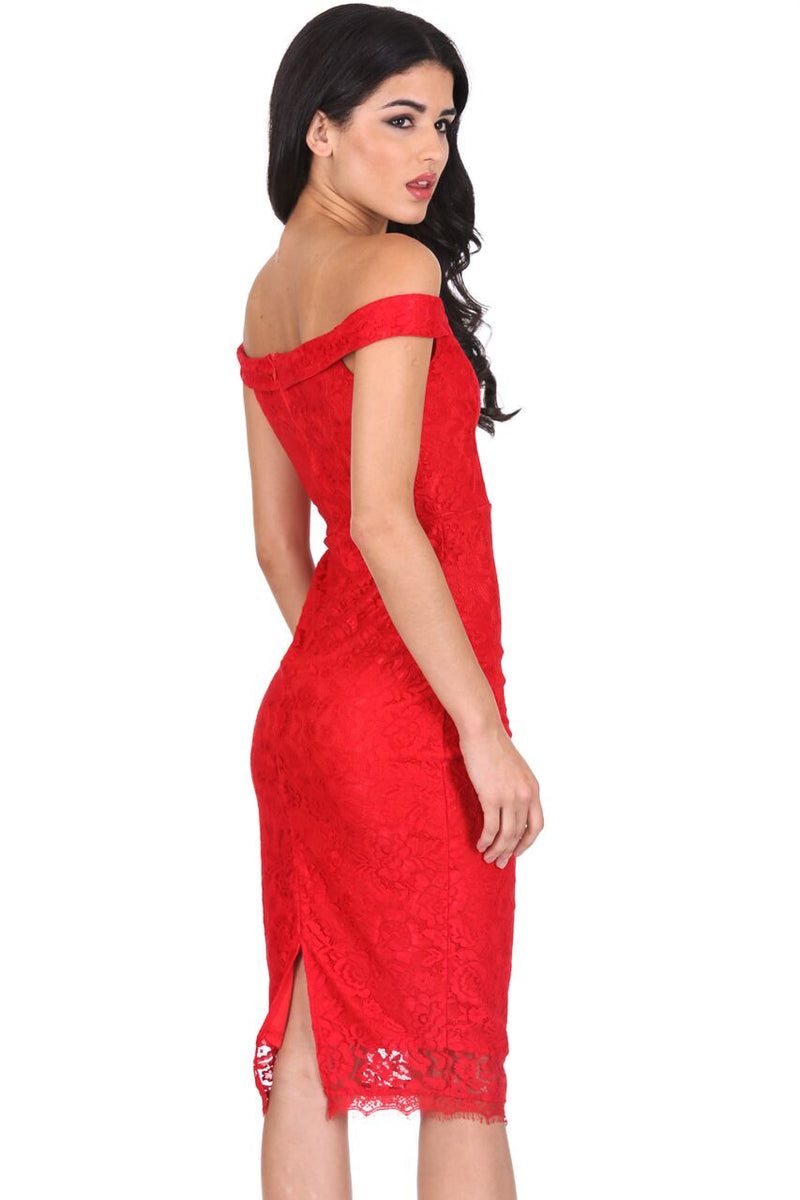 Red Lace Bardot Midi Dress