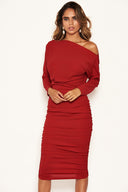 Red Off Shoulder Ruched Dress