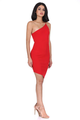 Red Off The Shoulder Asymmetric Hem Dress