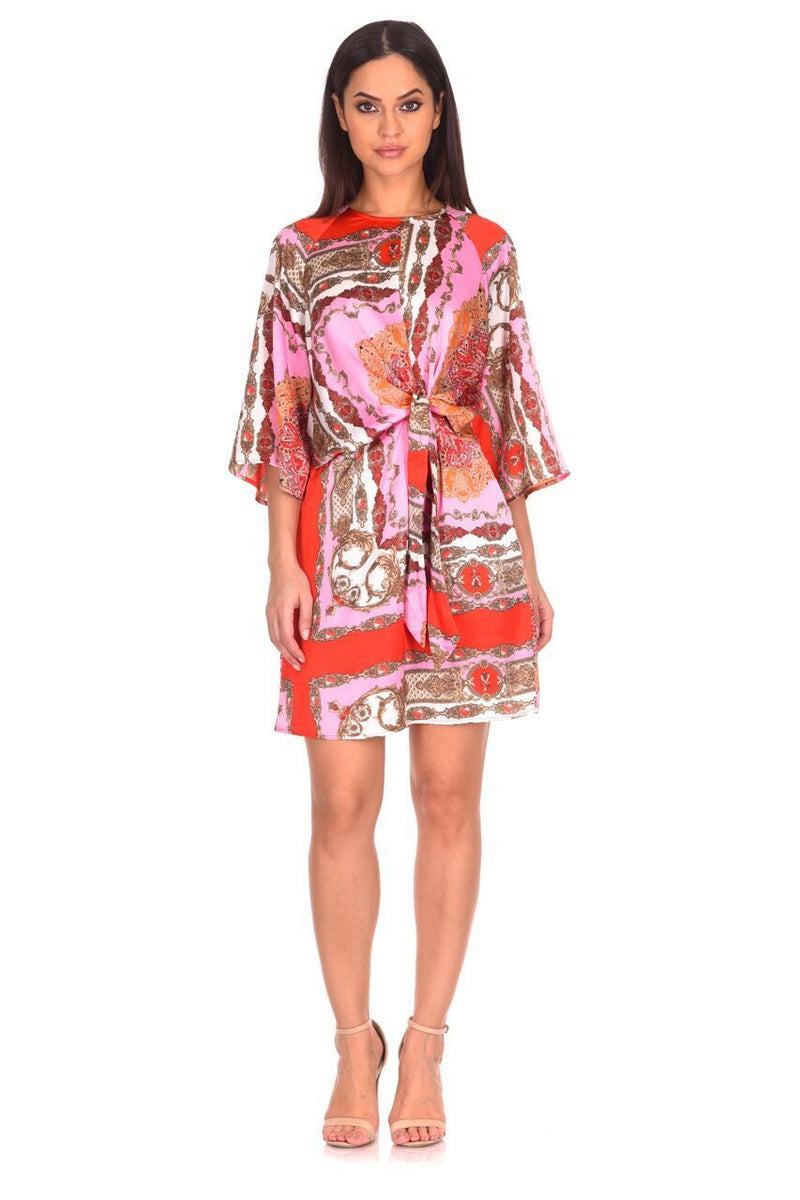 Red Patterned Silk Tie Front Shift Dress