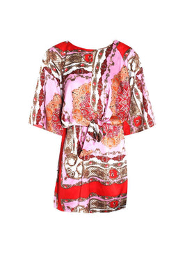 Red Patterned Silk Tie Front Shift Dress