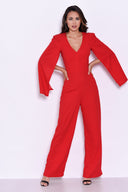 Red Plunge Wide Leg Jumpsuit