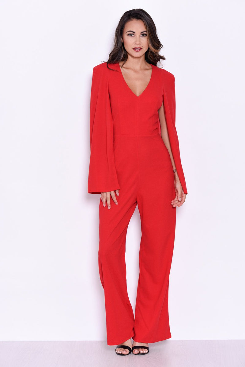 Red Plunge Wide Leg Jumpsuit