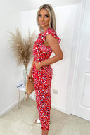 Red Printed Frill Sleeve Wrap Jumpsuit