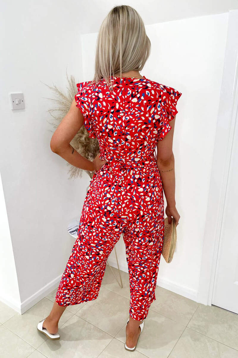 Red Printed Frill Sleeve Wrap Jumpsuit