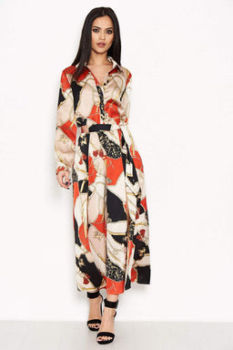 Red Printed Long Sleeve Shirt Dress