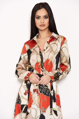 Red Printed Long Sleeve Shirt Dress