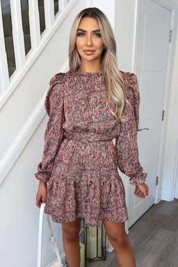 Red Printed Long Sleeve Skater Dress