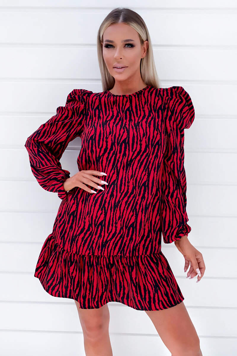 Red Printed Puff Sleeve Frill Shift Dress