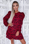 Red Printed Puff Sleeve Frill Shift Dress