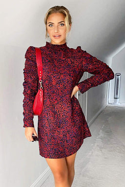 Red Printed Ruched Sleeve Dress