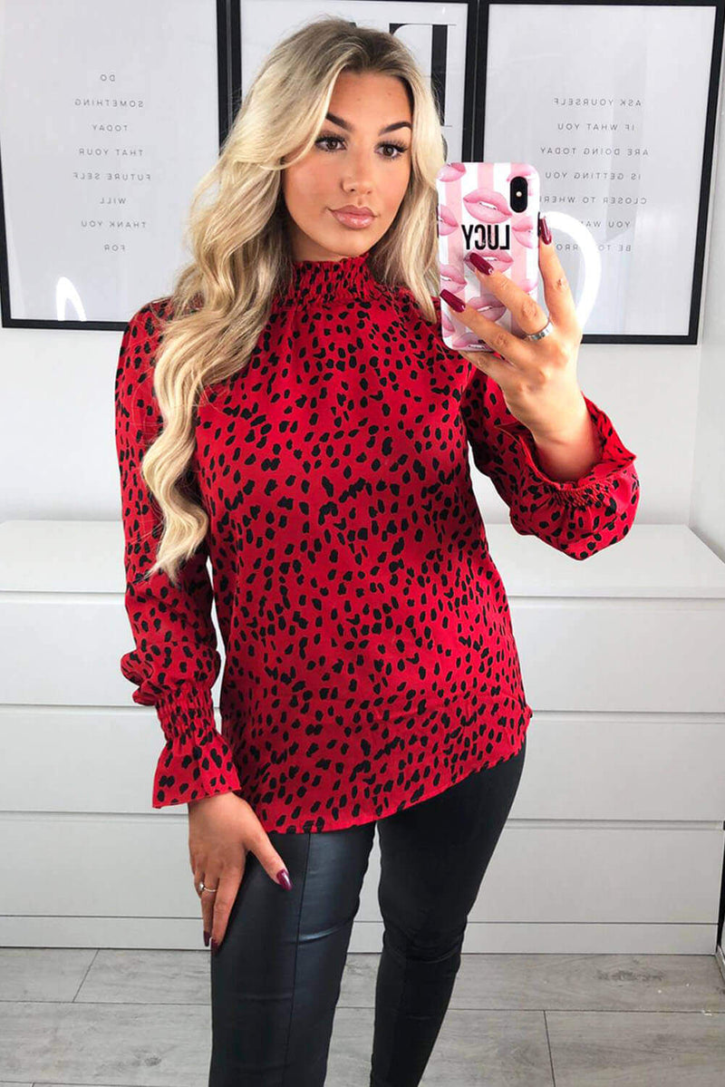 Red Printed Ruffle High Neck Top