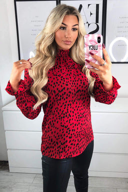 Red Printed Ruffle High Neck Top