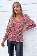 Red Printed V-Neck Top