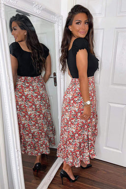 Red Printed Wrap 2 in 1 Midi Dress