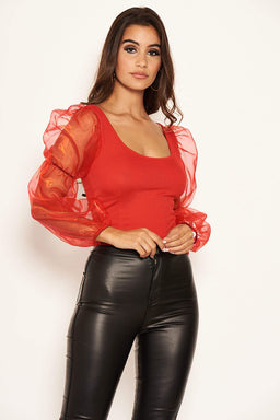 Red Puff Sleeve Crop Top