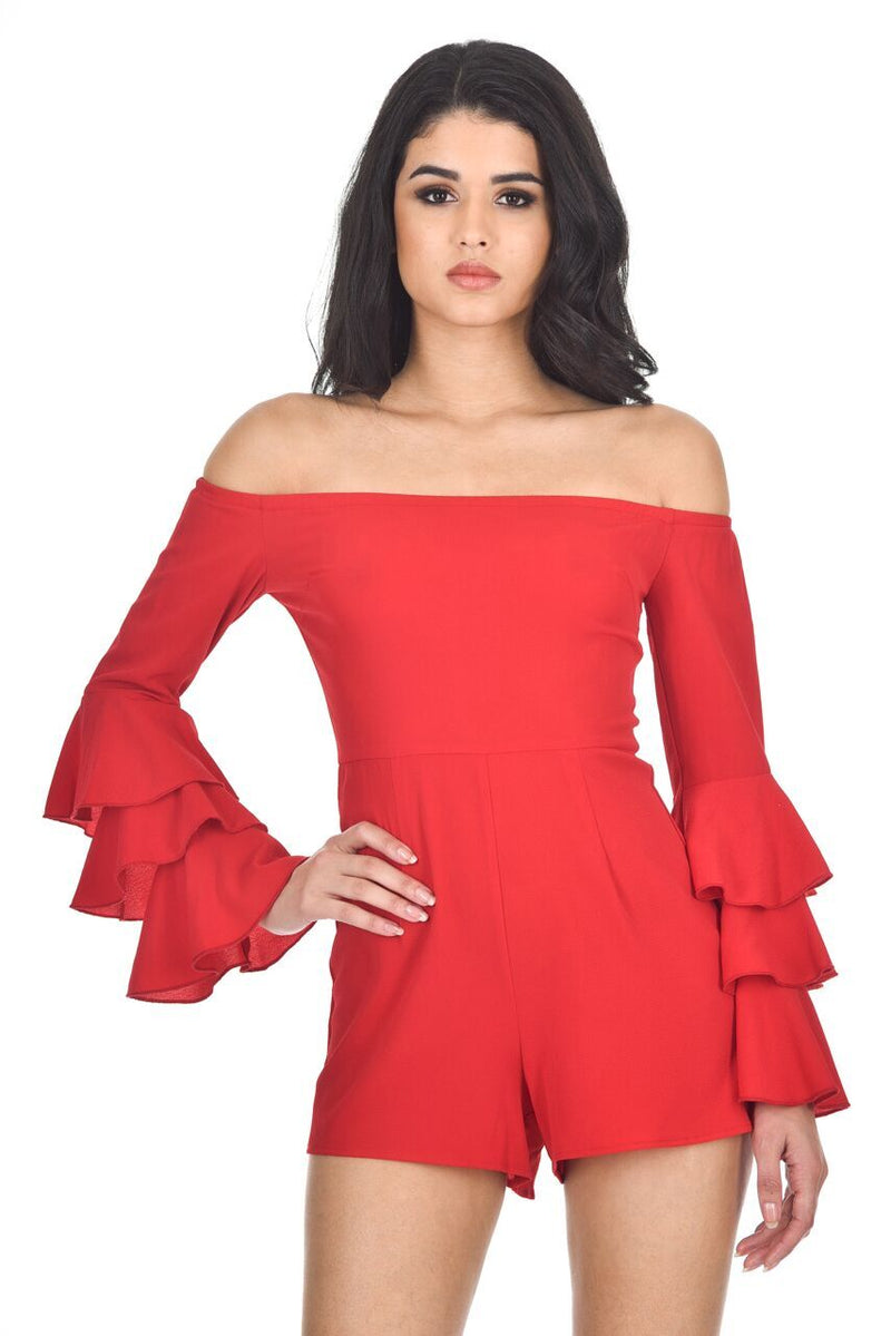 Red Ruffle Sleeve Playsuit