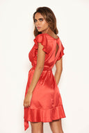 Red Satin Wrap Over Open Back Dress