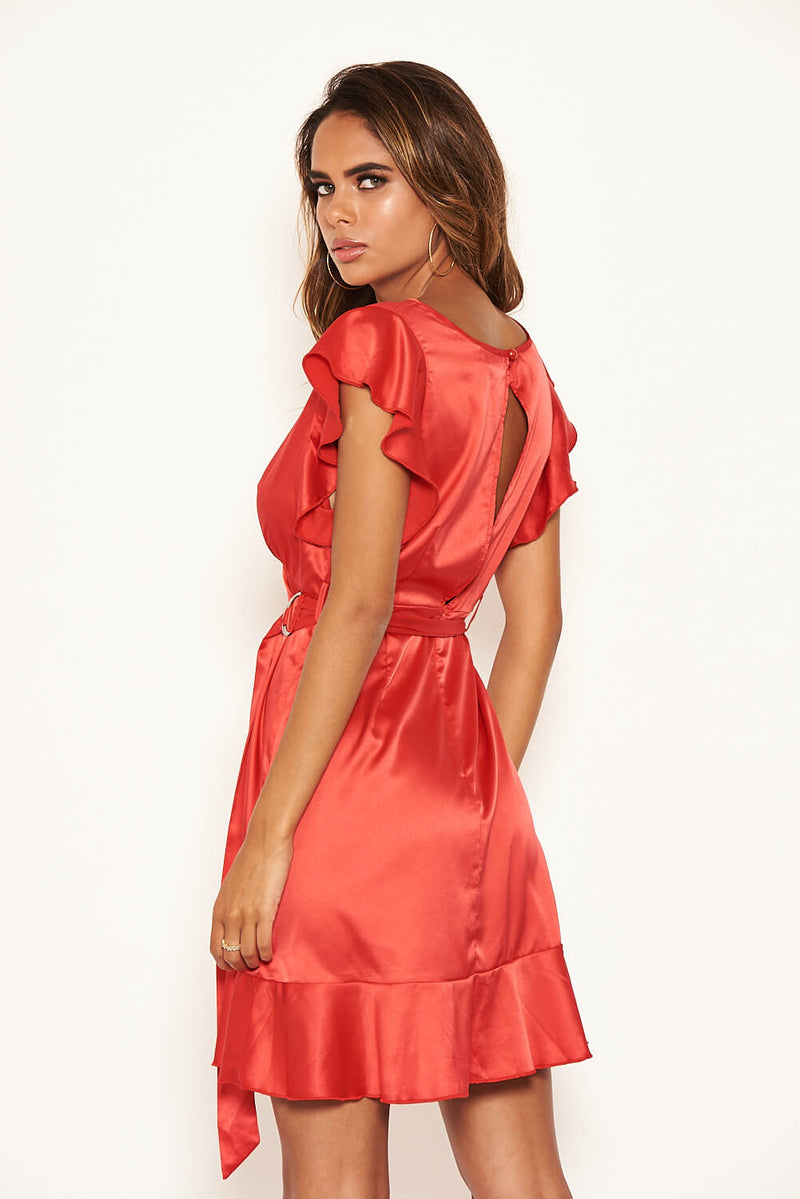 Red Satin Wrap Over Open Back Dress