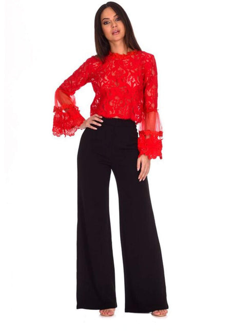 Red Sheer Lace Long Sleeve Top