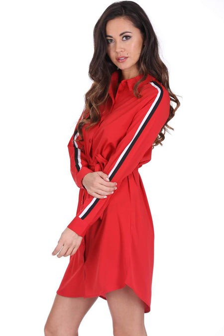 Red Shirt Dress With Stripe Detail And Tie Waist