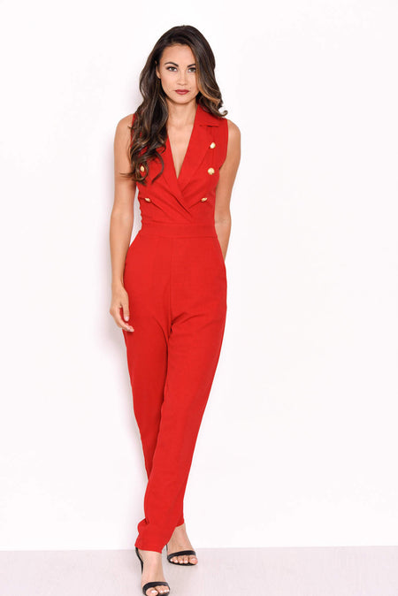 Red Sleeveless Jumpsuit with Military Buttons