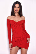 Red Slinky Off The Shoulder Wrap Dress