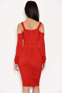 Red Slinky Ruched Cold Shoulder Dress