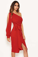 Red Split Sleeve One Shoulder Bodycon Midi Dress