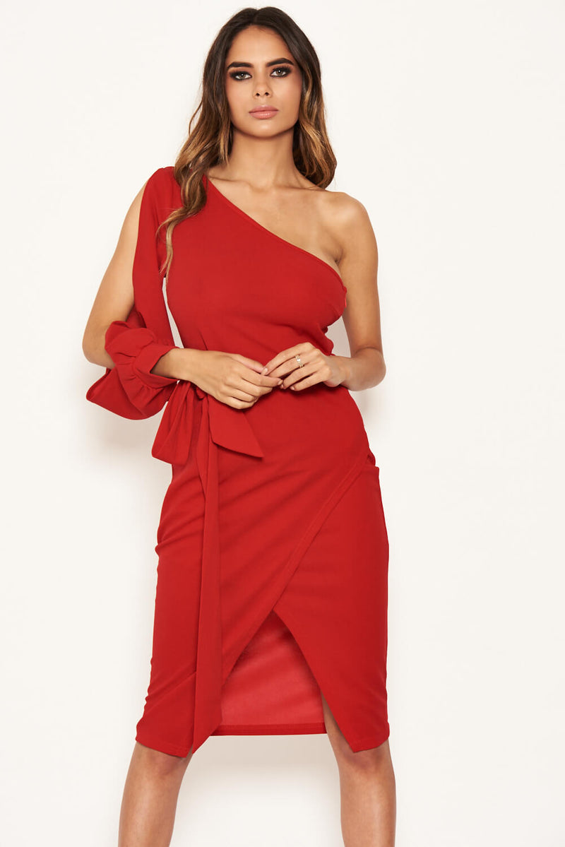 Red Split Sleeve One Shoulder Bodycon Midi Dress