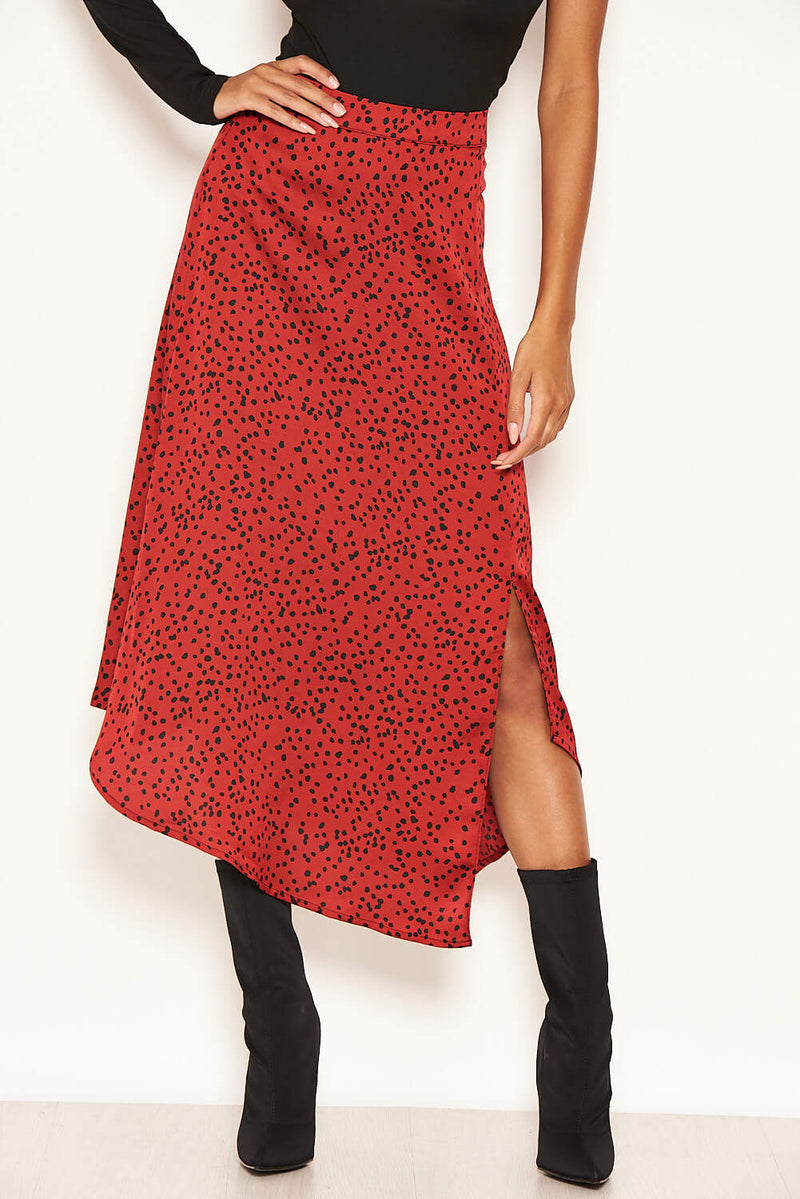 Red Spotty Asymmetric Midi Skirt