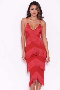 Red Tassel V Neck Midi Dress