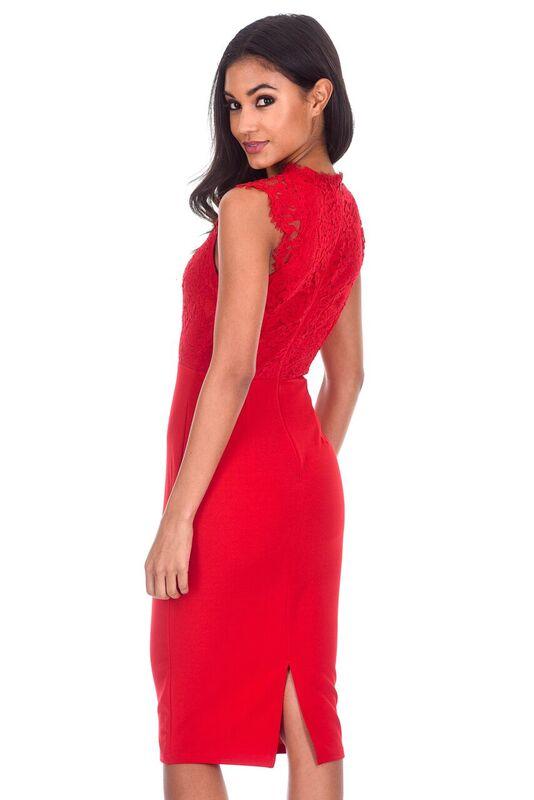 Red V-Neck Lace Midi Dress