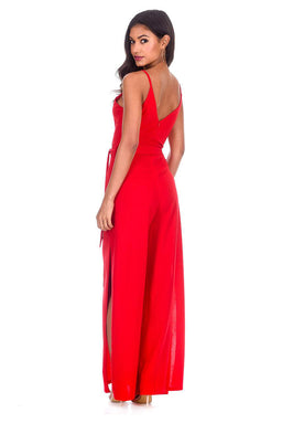 Red Wide Leg Thigh Split Jumpsuit