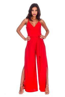 Red Wide Leg Thigh Split Jumpsuit