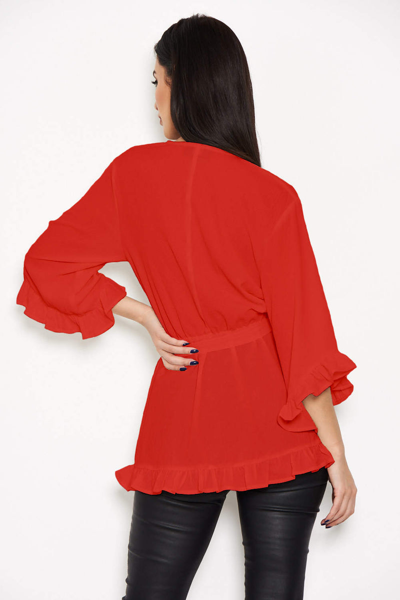 Red Wrap Frill Top