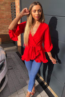 Red Wrap Frill Top