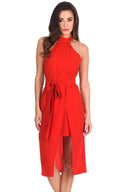 Red Wrap Skirt Cut In Neck Dress