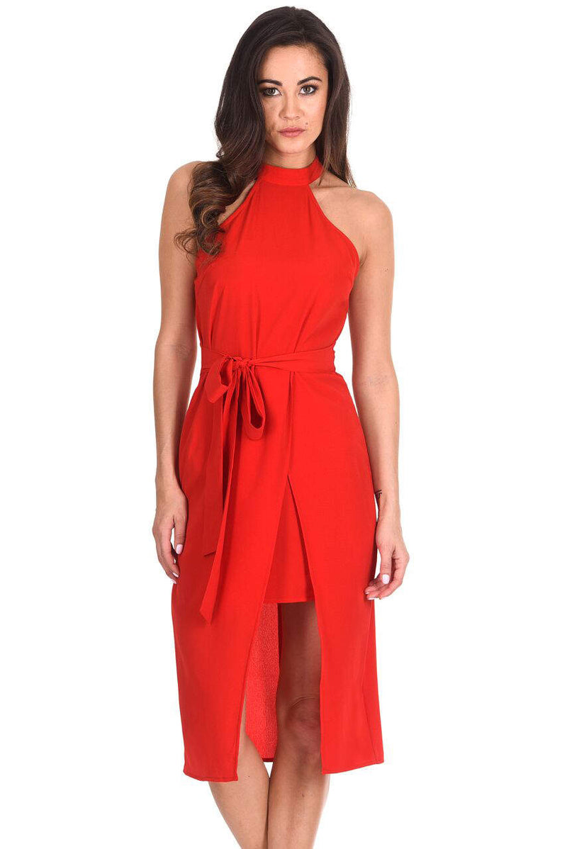 Red Wrap Skirt Cut In Neck Dress