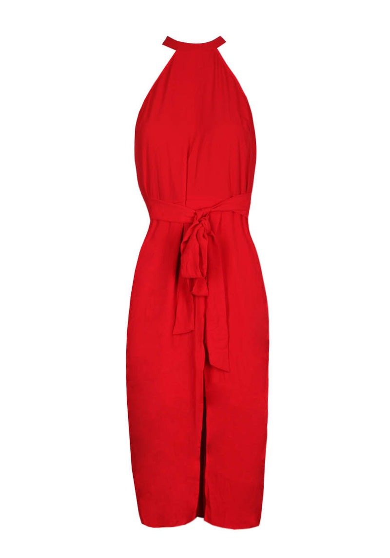 Red Wrap Skirt Cut In Neck Dress