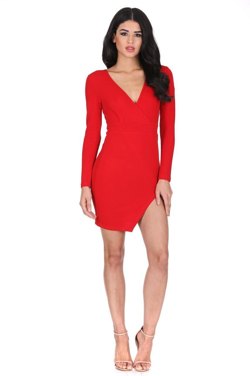 Red Wrap Thigh Split Dress